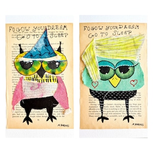 Collage d'arte Gufi unici Arte Arte astratta Gufo divertente Arte originale Collage originale Regalo per gli amanti dei gufi Arte outsider Arte popolare Arte eccentrica