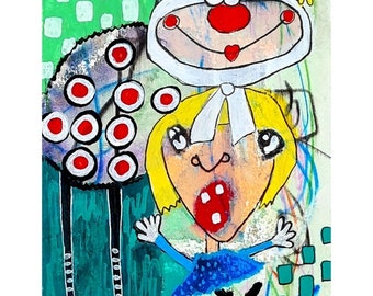 Knäppa nyckelpiga flicka konsttryck: Färgglad Weirdcore-illustration