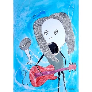 Original Art Brut Guitarplayer Outsider art Abstract figure Alternative art Weird Picture Quirky Drawing Mixed media Artwork Rare Strange