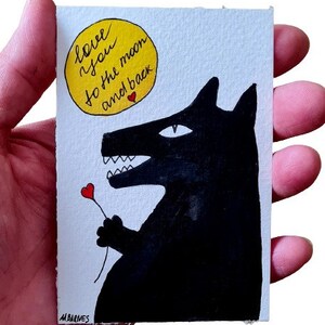Cartes ACEO Je vous aime sur la lune et le dos Cartes à collectionner Art original Aceo Peinture Aceo Cartes Atc Jolie image Mini art mignon Mini dessin