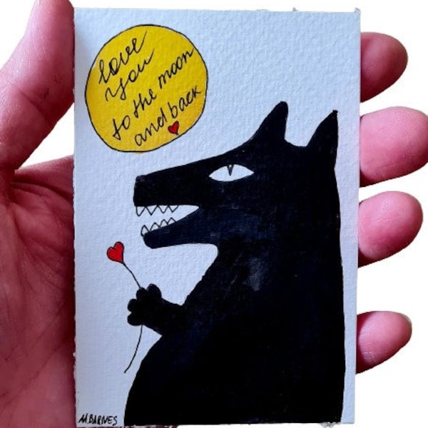 ACEO Karten Liebe dich bis zum Mond und zurück Sammelkarten Aceo Originalkunst Aceo Malerei Atc Karten Niedliches Bild Niedliche Mini-Kunst Mini-Zeichnung