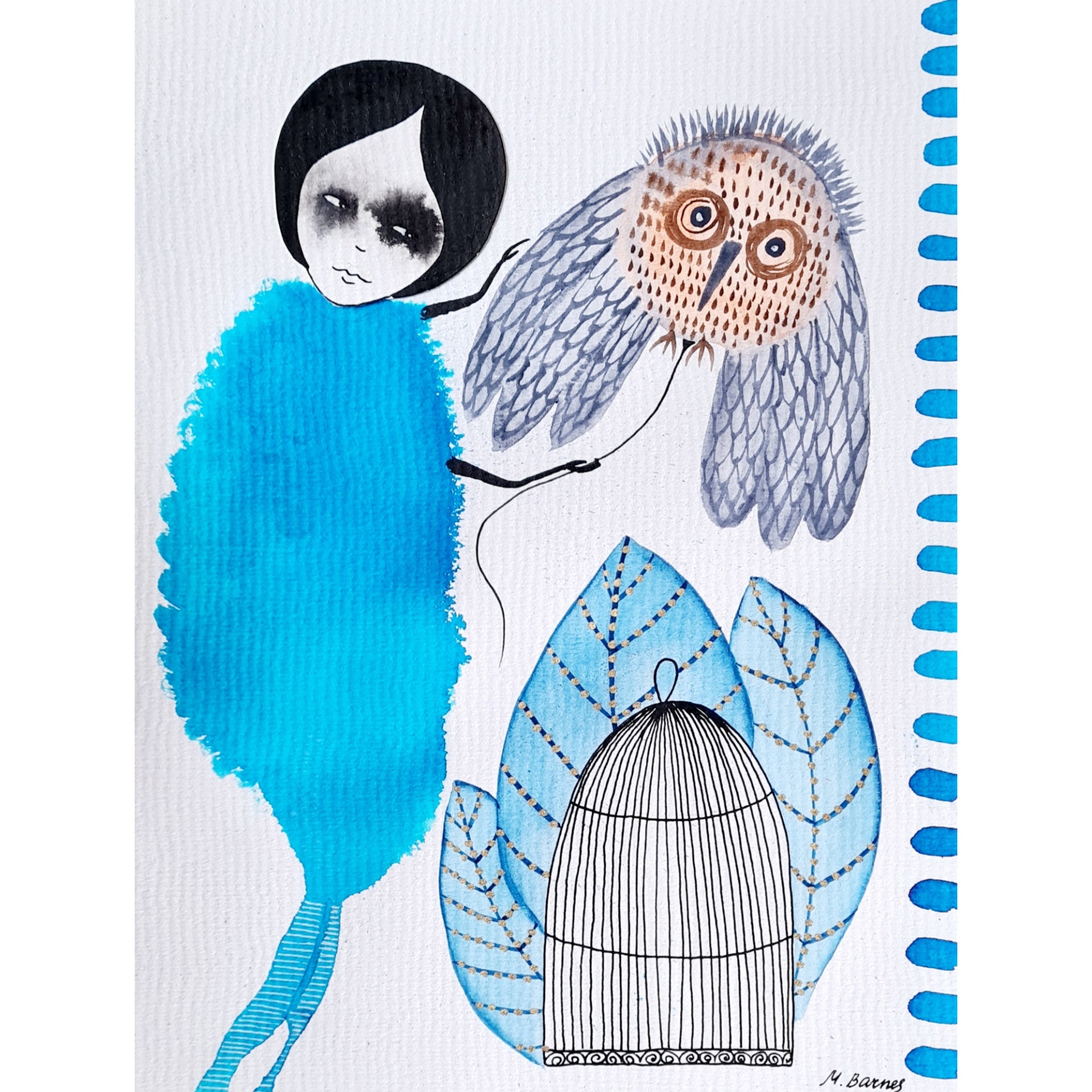 Original Owl Watercolor Painting: Quirky Outsider Art (9x12 inches)