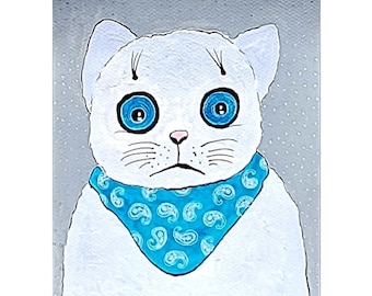 Art original de chat blanc : peinture ou impression originale, cadeau d'amant de chat