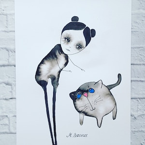 オリジナルアートまたはプリント 猫好きの方へのギフト 白黒写真 気まぐれな猫 絵 アール・ブリュット 抽象画 具象芸術 素朴派アート