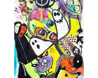 May include: A colorful abstract illustration featuring a variety of whimsical characters, including ghosts, cats, and other creatures. The artwork is done in black and white with splashes of yellow, red, and blue paint.