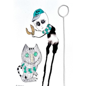 Puede incluir: Una ilustración dibujada a mano de un gato con una bufanda verde y una persona con un sombrero y una bufanda verdes. La persona sostiene un objeto marrón. La ilustración está en blanco y negro con acentos verdes y marrones.