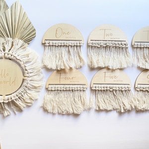 Baby Monthly Milestone Disc Markers Boho | Wood Milestones Disc | Baby Photo Props | Macrame Rounds | Tassels