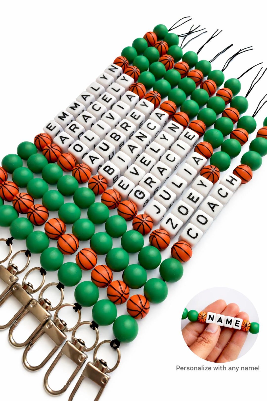 Bulk Team Personalized Basketball Keychain | Custom Name Silicone Bead ...