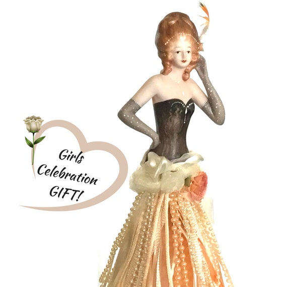 Peach Dresser Doll Ladies Bedroom Decor Gift Beautiful Boudoir Doll Hand Painted Figurine 20 S Era Dresser Decor Celebration Gift