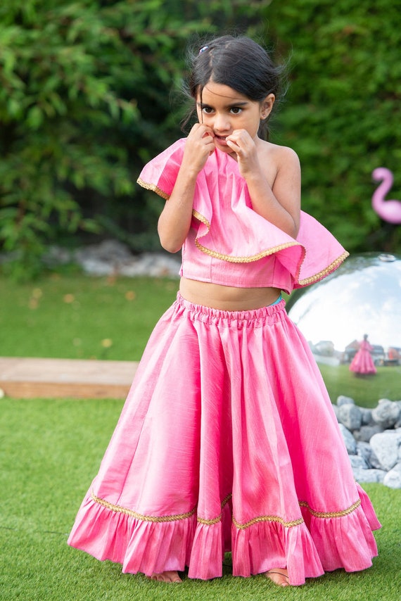 Lehenga en soie brute pour enfants avec jupe et crop top, filles