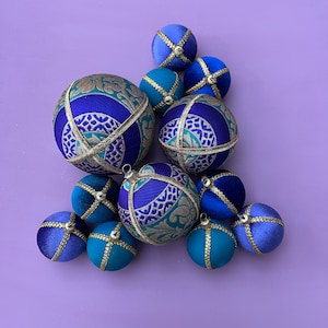 Limited Edition Teal & Royal Blue Brocade Bauble | Handmade | Upcycled Fabric | Christmas + Diwali Decor | Wedding and Gifting | 8 cm  10 cm
