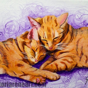 May include: Painting of two orange tabby cats sleeping on a purple background. The cats are curled up together, with their heads resting on each other. The painting is done in a realistic style, with soft brushstrokes.