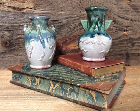 Japanese Pottery Mini Urns Flower Vase Jugs Blue Green Glazed Etsy
