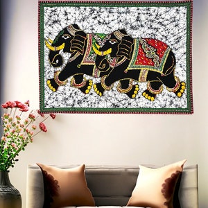 SAARTHI Rajasthani Bohemian Multicolour Batik Double Black Elephant Tapestry| Wall Hanging| Painting| Artwork