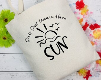 GIRLS JUST WANNA Have Sun Beach Reusable Natural White Cotton Canvas Tote Bag