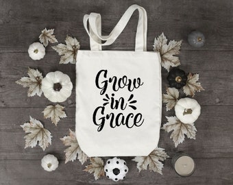 CHRISTIAN TOTE BAG, Grow in Grace, 2 Peter 3:18 White Cotton Canvas Bag