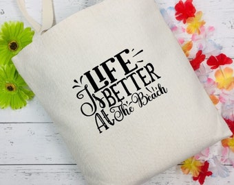 LIFE IS BETTER At The Beach Reusable Shopping Natural White Cotton Canvas Tote Bag with Black Print Flip Flops