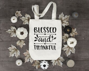 CHRISTIAN TOTE BAG Blessed and Thankful White Canvas Bag