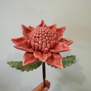 May include: A handmade, coral-coloured flower with a textured surface. The flower has multiple petals and a central, rounded core. Two green leaves are attached to the stem. The stem is brown. A hand is holding the flower.