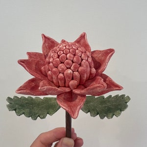 1 Small Ceramic Waratah Flower stem with leaves - unique gift idea, pottery flowers