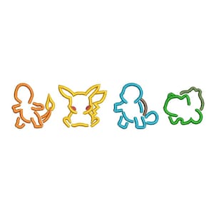 Op de afbeelding: Vier cartoonfiguren uit de Pokemon-franchise. De personages zijn Vuurvlieg, Pikachu, Squirtle en Bulbasaur. De personages zijn omlijnd in geel, oranje, blauw en groen.