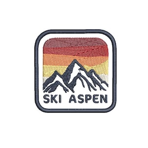 Ski Aspen Patch Style Applikation Maschinenstickdatei mit Berge und Sonnenuntergang