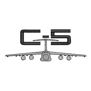 May include: Black and white illustration of a C-5 Galaxy cargo plane with the text "C-5" above it.