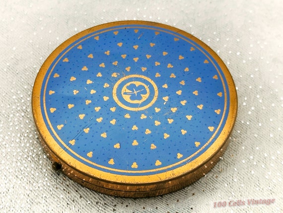 Lucky Clover-Blue & Gold Vintage Ladies Powder Compac… - Gem
