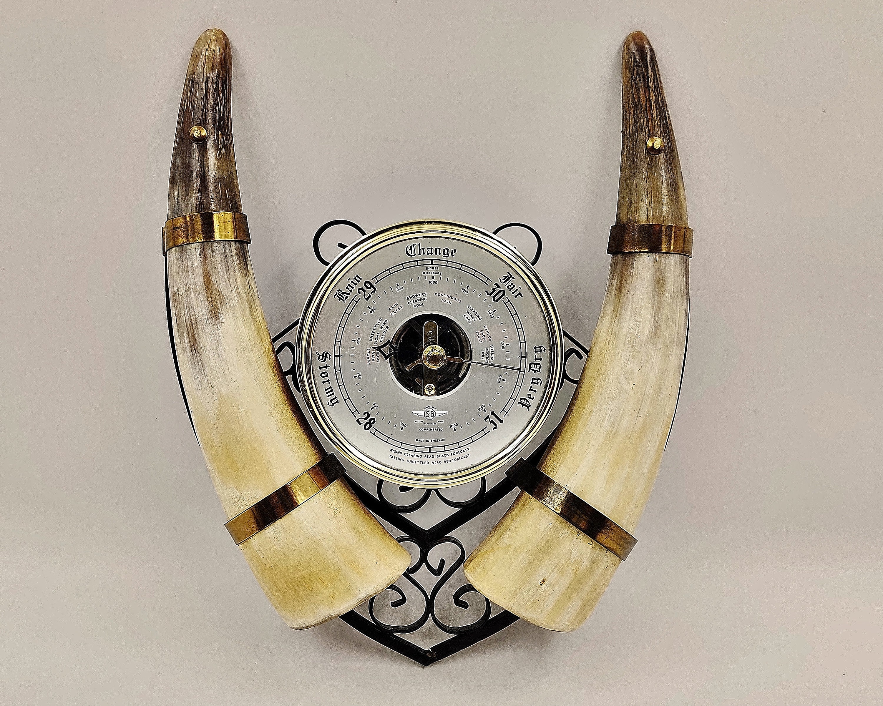 Vintage Horn Wall-Hanging Cow Horn Barometer Weather Station Made in England Shortland SB Brass Glass and Metal
