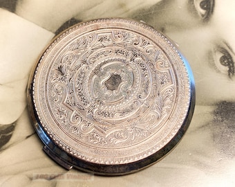 Silberplatte Vintage Puderdose : Schminkspiegel-1t