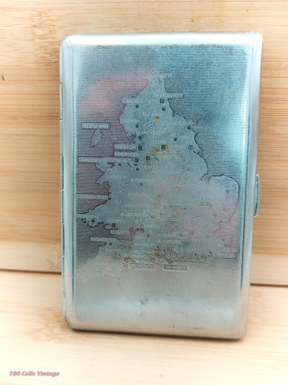 tallent england cigarette case Tallent Map of England AS SEEN Silver Tone Vintage Cigarette Case-tobacciana-0ma