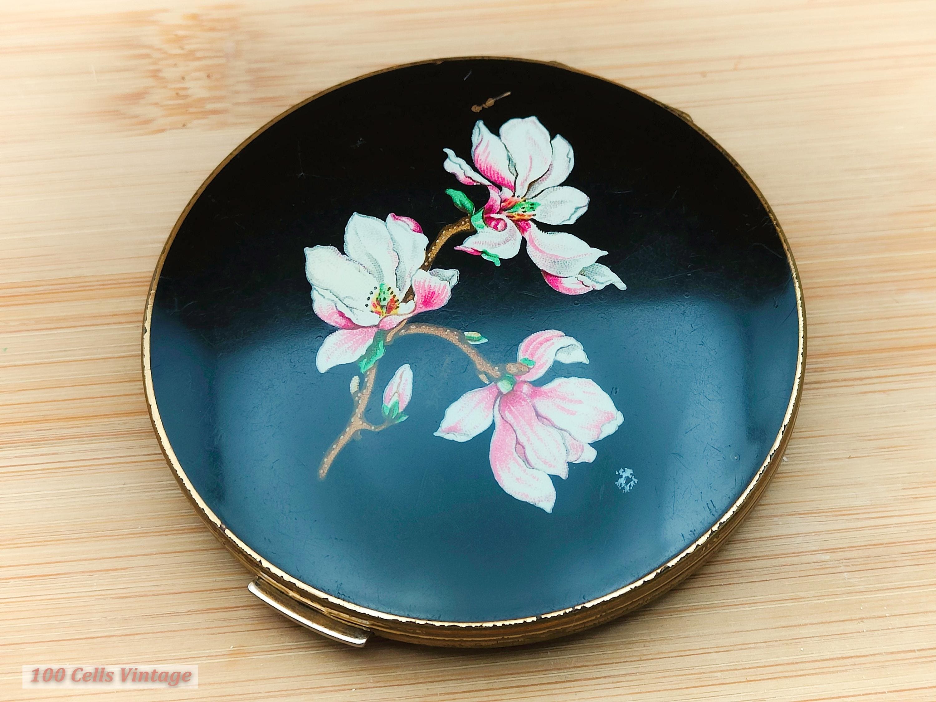 Stratton Black and Pink Floral Vintage Make Up/powder Compact-205