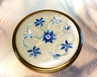 Blauwe gebloemde eenzijdige handtasspiegel met borduursel: make-upspiegel-0p