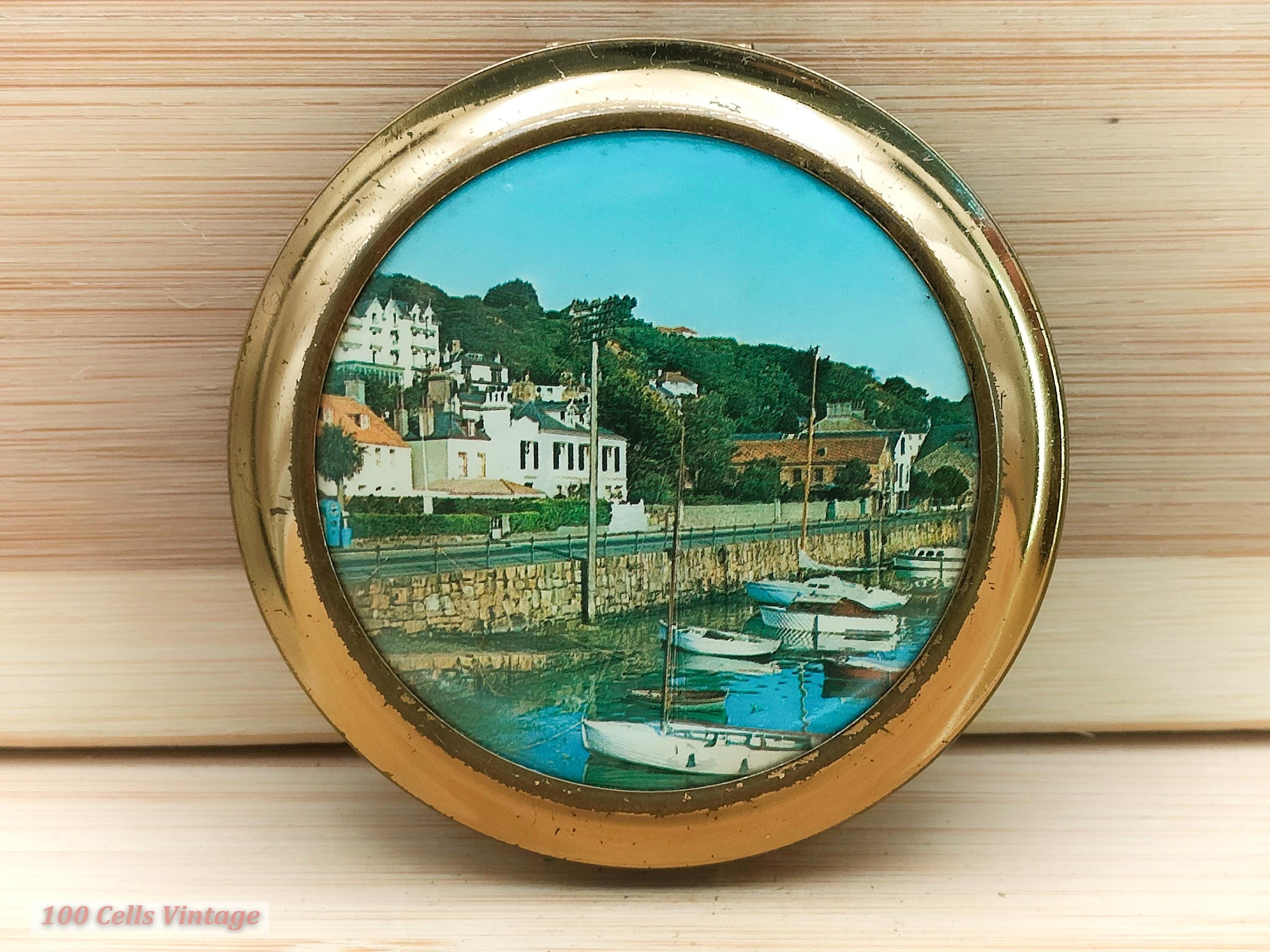Seaside Quay Scene with boats-Vintage Make Up/Powder Compact-0li, compact mirror, vintage compact, handheld mirror, vintage vanity