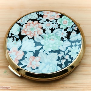 Stratton Black and White Floral-Vintage Make Up/Powder Compact-0ye, specchio compatto, compatto vintage, specchio portatile, vanity vintage
