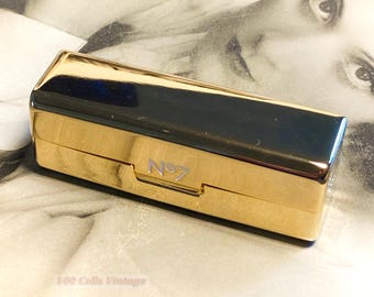 No 7 shiny gold tone lipstick holder compact case-1t