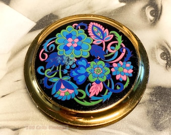 Floral fluorescent blue and black vintage powder compact: Makeup Mirror-1g