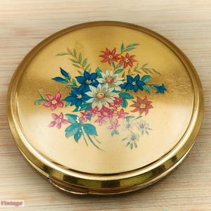 Kigu gold floral-Vintage Make Up/Powder Mirror Compact-1bl , vintage compact, handheld mirror, vintage vanity