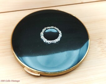 Kigu shiny black with diamantes-Vintage Ladies Powder Compact -0ma