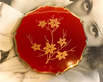 Stratton Queen Red gold flowers vintage powder compact: Makeup Mirror-1l