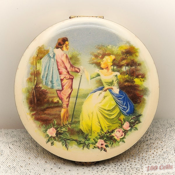 Lin Bren Enamel Courting Couple Vintage Ladies Powder Compact -8cm