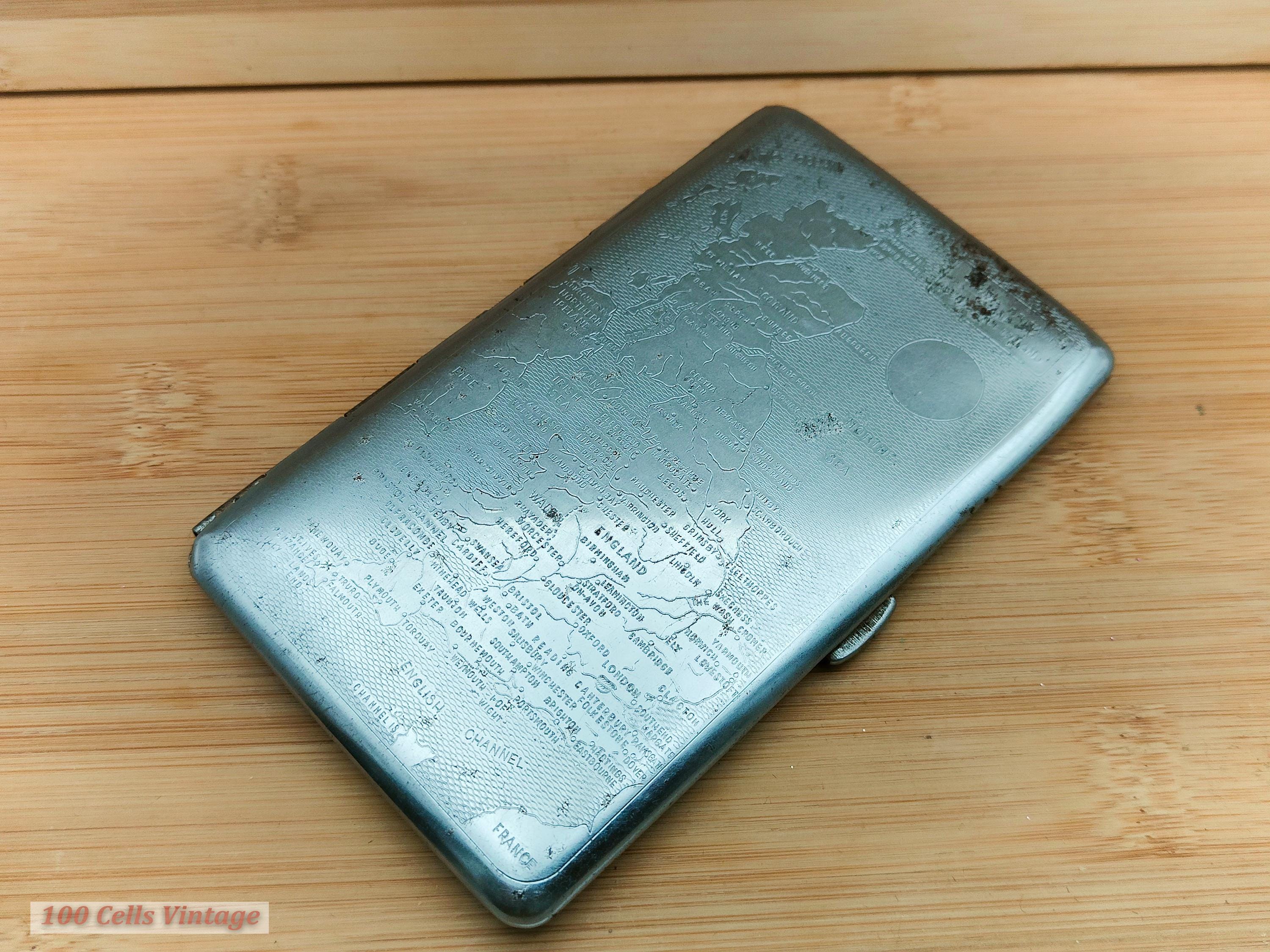 brighton cigarette case Map of Great Britain Silver Tone Vintage Cigarette Case-tobacciana-a