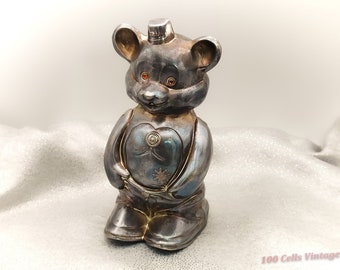Teddy Bear with Fez-Vintage Silver Tone with Patina Metal Money Box-17cm