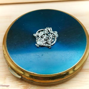 Espejo compacto vintage con diamantes en azul, espejo de mano, espejo de tocador vintage.