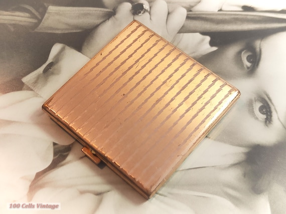 Emrich Swiss gold tone square art deco-Vintage Powder Compact-Make Up-Mirror-0i , vintage compact, handheld mirror, vintage vanity