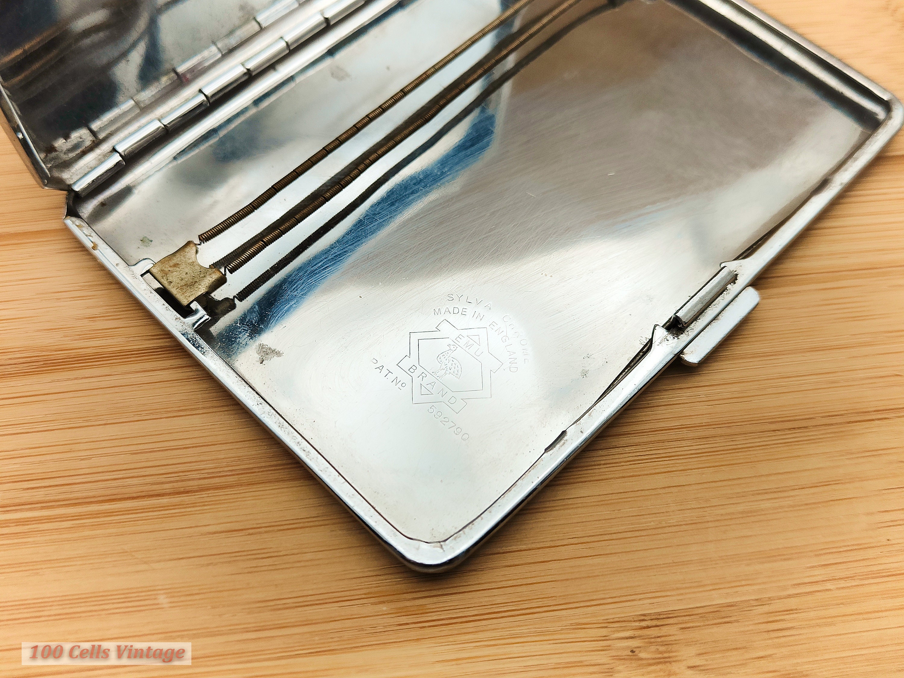 Emu Brand Chrome Silver Tone Metal Vintage Cigarette Case-tobacciana-0li