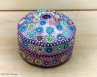 Purple Floral  glitter and beads-7cm-Collectable Trinket/Jewellery Box keepsake box, jewelry box, trinket box, treasure box