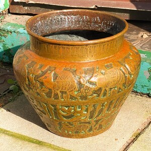 Antique Repoussé copper jardinière/planter-Middle Eastern animal design 10"