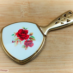 Stratton white red floral Handheld Handbag Mirror Collectable Compact-1gr compact mirror, vintage compact, handheld mirror, vintage vanity