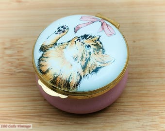 Kitten/Cat-Pink Crummles Enamels-5cm-Vintage Trinket/Pill Box 206 keepsake box, jewelry box, trinket box, treasure box